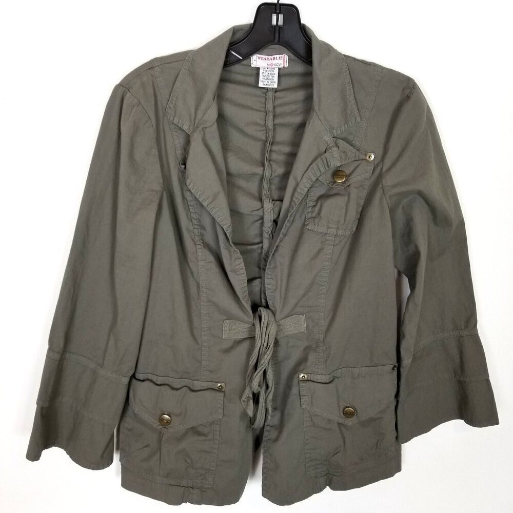 Wearables by XCVI Women Cotton Blend Light Jacket Sz L Gray Tie Front Pockets